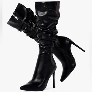 Elisabet Tang Knee High Boots Womens Black Matte PU 4 Inch Stiletto New